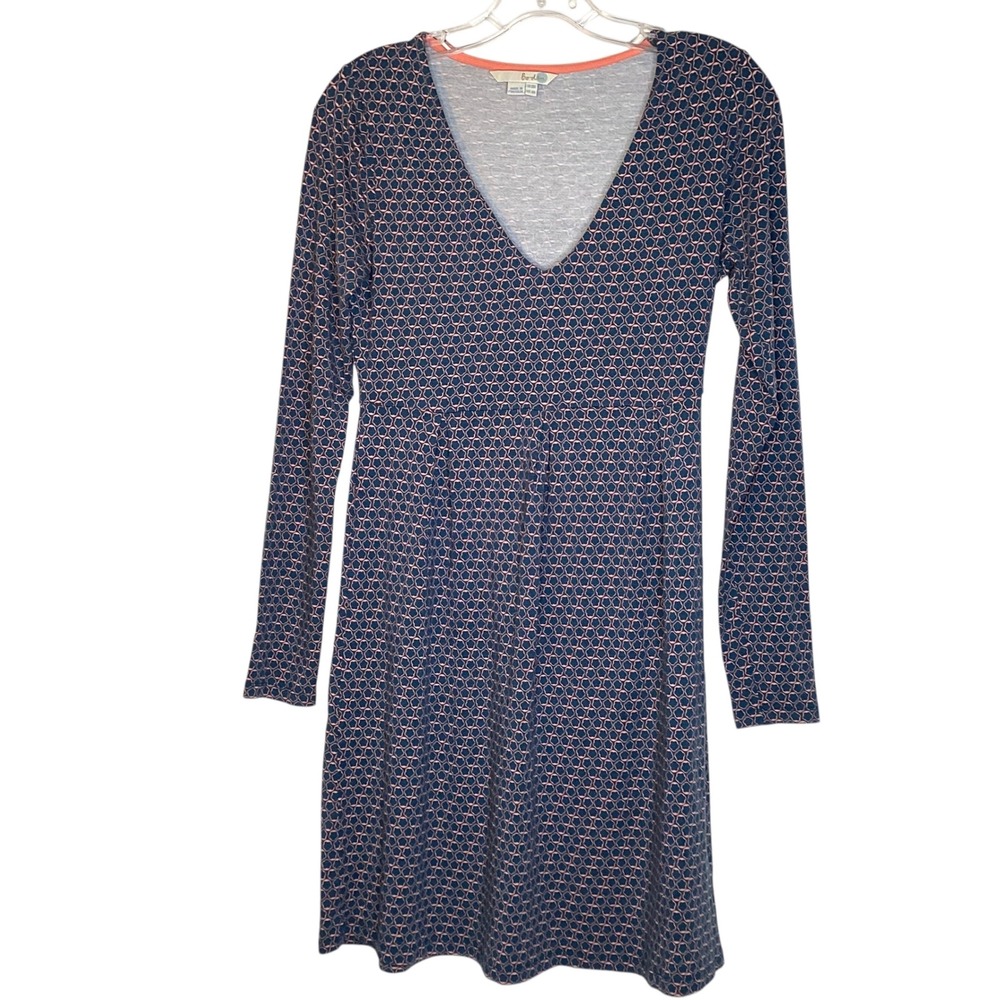 Boden Blue Pink Geometric V-Neck Long Sleeve Stretchy Jersey Knit Dress Sz 6 EUC